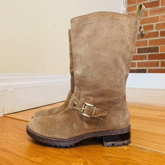 Ralph Lauren Motorcycle Boots Mid Calf Tan Suede Pull On Lug Soles - Picture 2 of 16